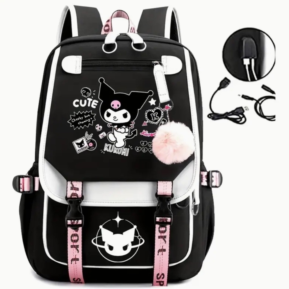 Kuromi Graphic Tech Backpack with Pom Puff | 2 Styles | Perfect for Everyday